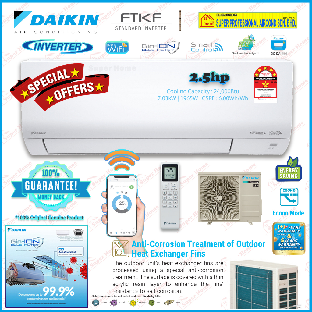 Daikin Inverter Air Conditioner 1 0hp 3 0hp Ftku Deluxe Inverter