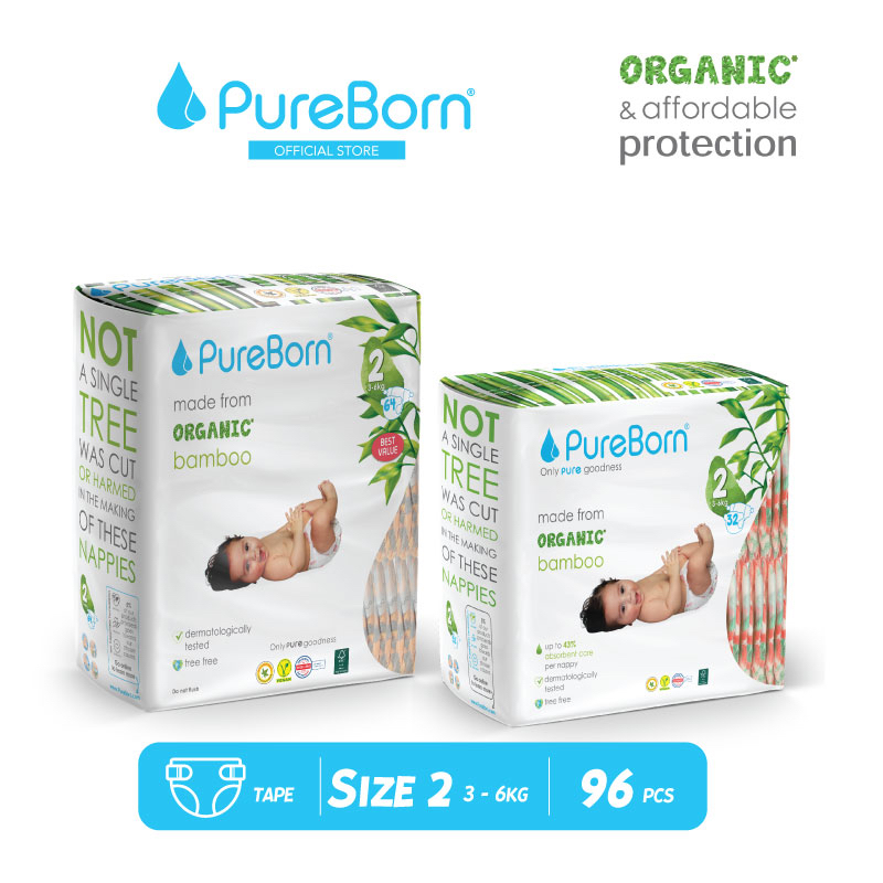 Pureborn Organic Tape Diaper - Size 2 (3-6kg) [Value Pack] | Shopee ...