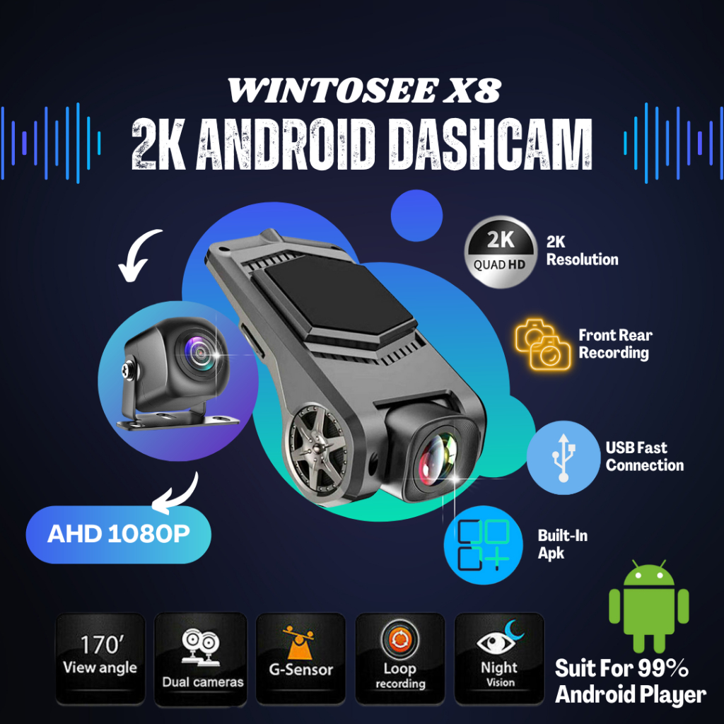 Wintosee X8 Android Dashcam 2K Camera Front Rear Recording AHD