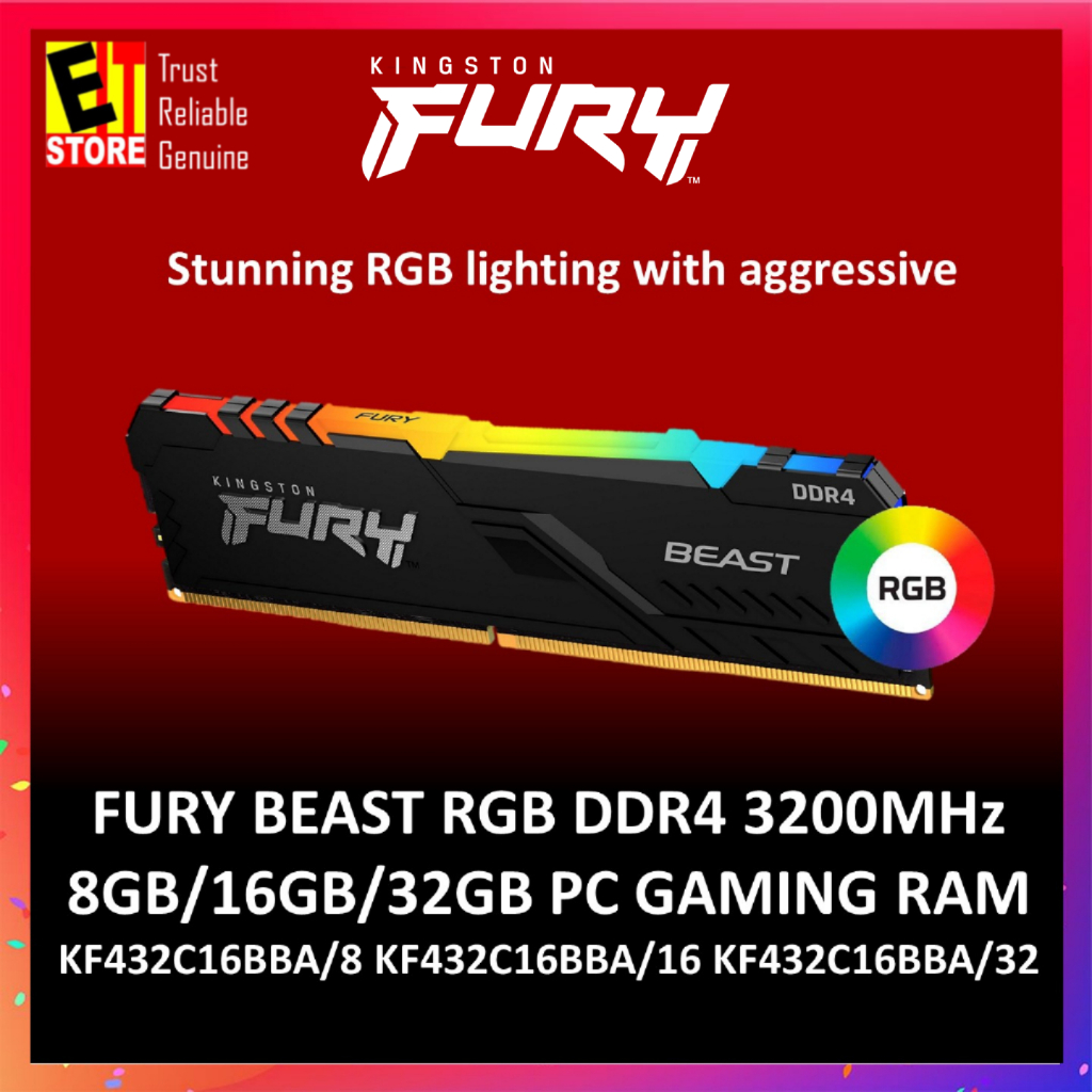 KINGSTON FURY BEAST RGB 8GB /16GB/32GB DDR4 3200MHz MEMORY RGB PC ...