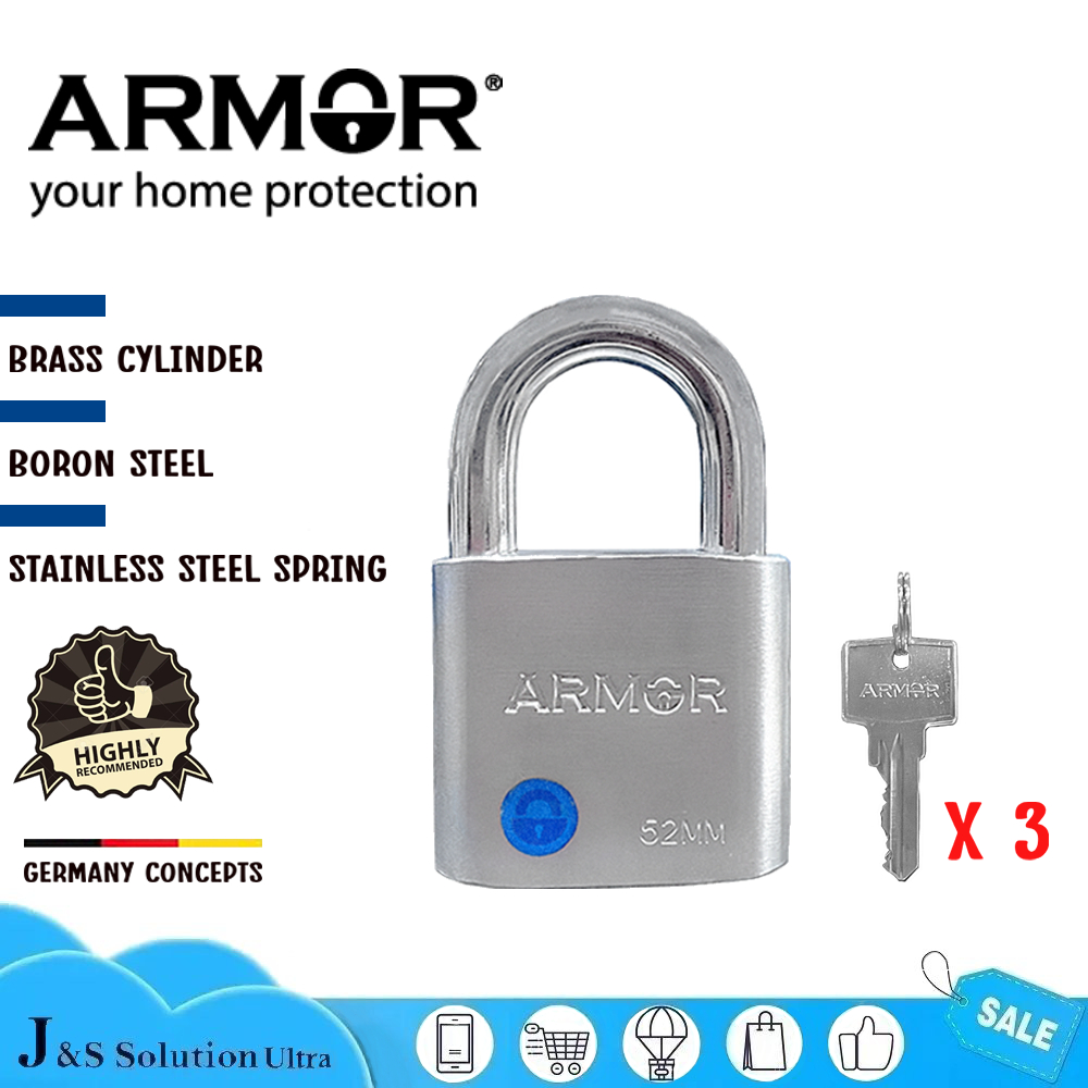 ARMOR APL-120 52MM BORON STEEL PADLOCK | BRASS PAD LOCK | 50MM | 3 KEYS ...