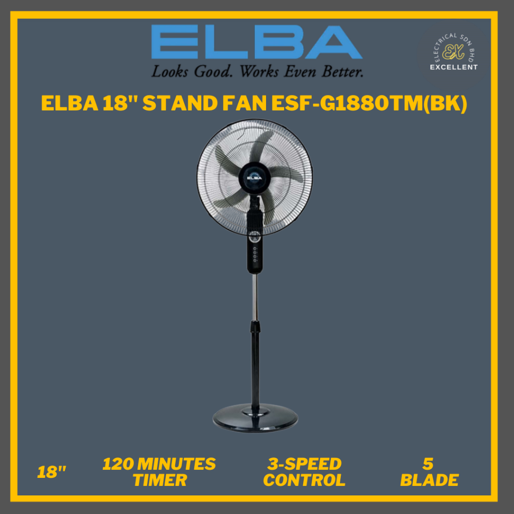 Elba Industrial Stand Fan ESF-G1880TM(BK) 18 Inch 5 Blades with 2 Hours ...
