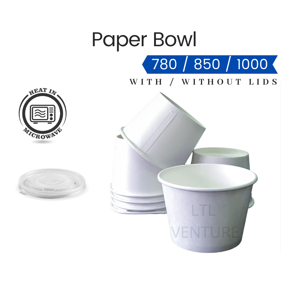 780/850/1000 Paper Bowl with Lids Big Large 50 Pcs White/Disposable