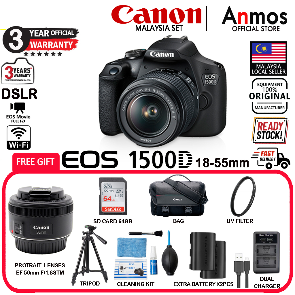 Canon EOS 1500D DSLR Camera with 1855mm Lens (Canon Malaysia 1 + 2