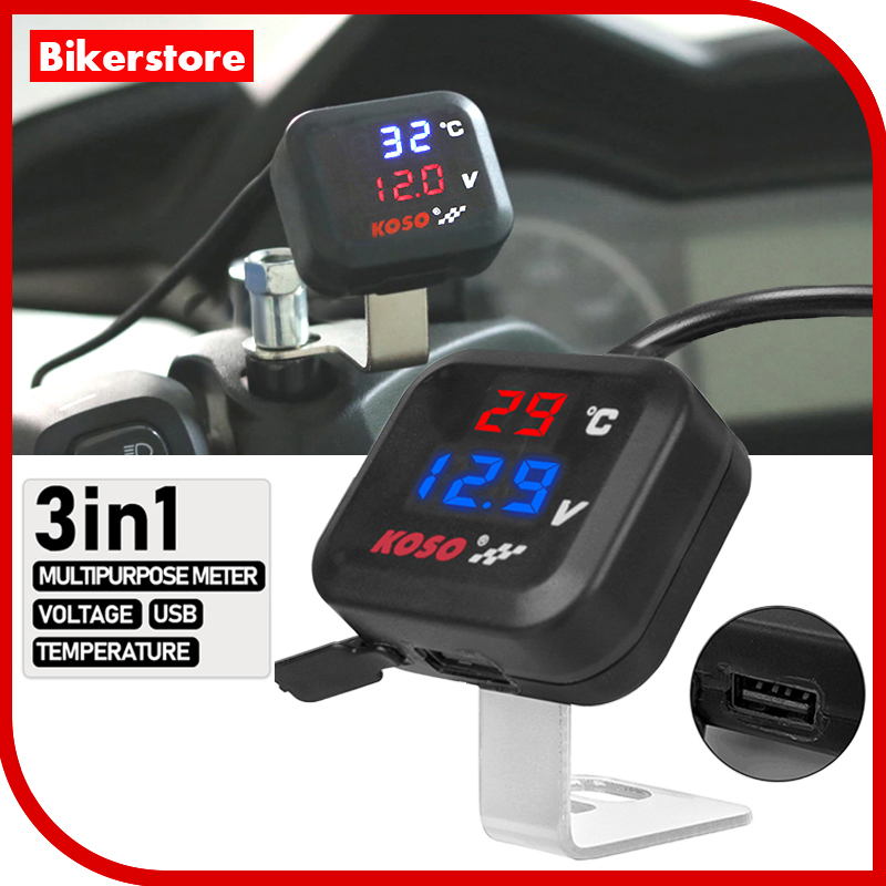 KOSO Meter Digital LED Volt Meter Outdoor Temperature USB Port Charges