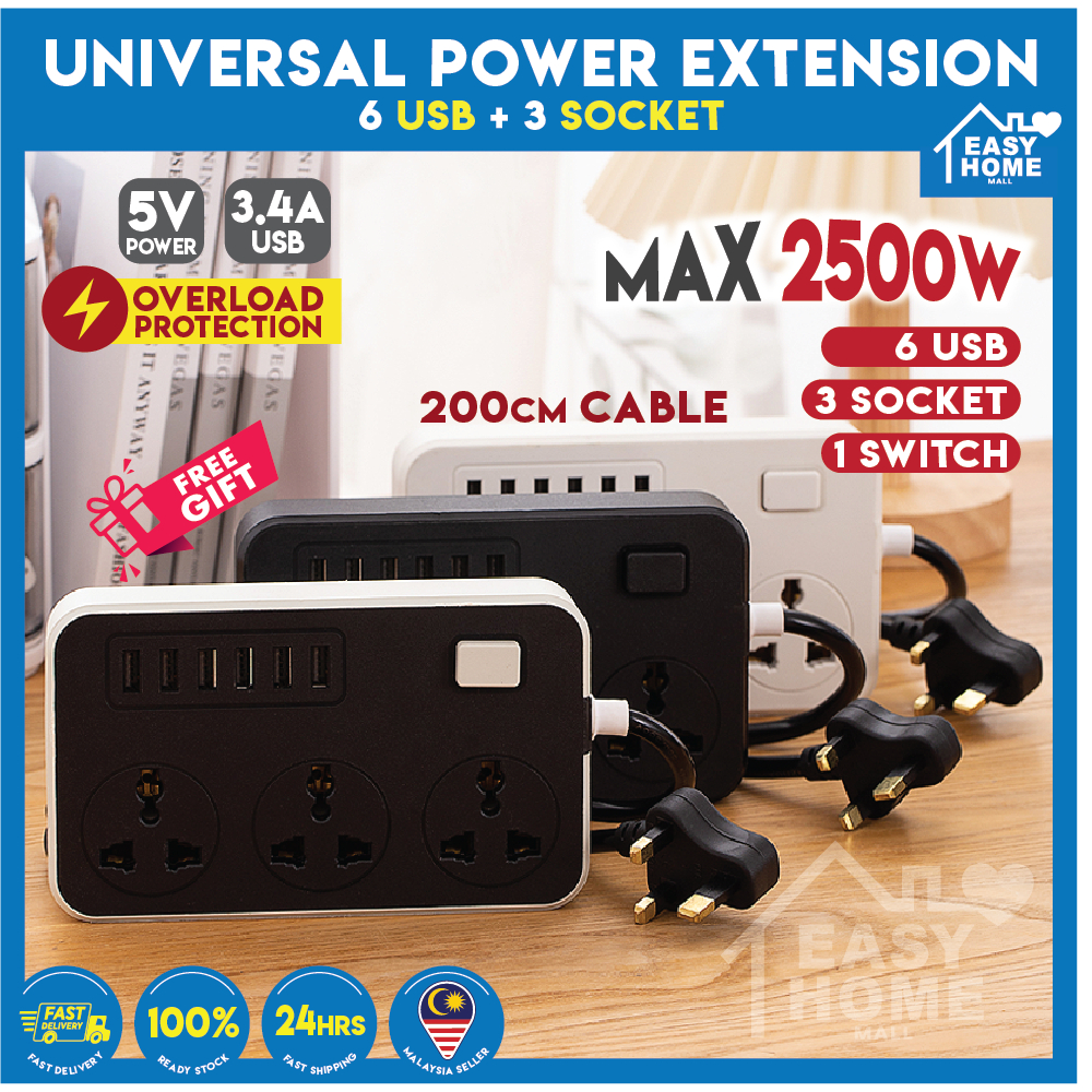 6 USB Port 3 Universal Power Strip Extension Plug Power Socket Electric