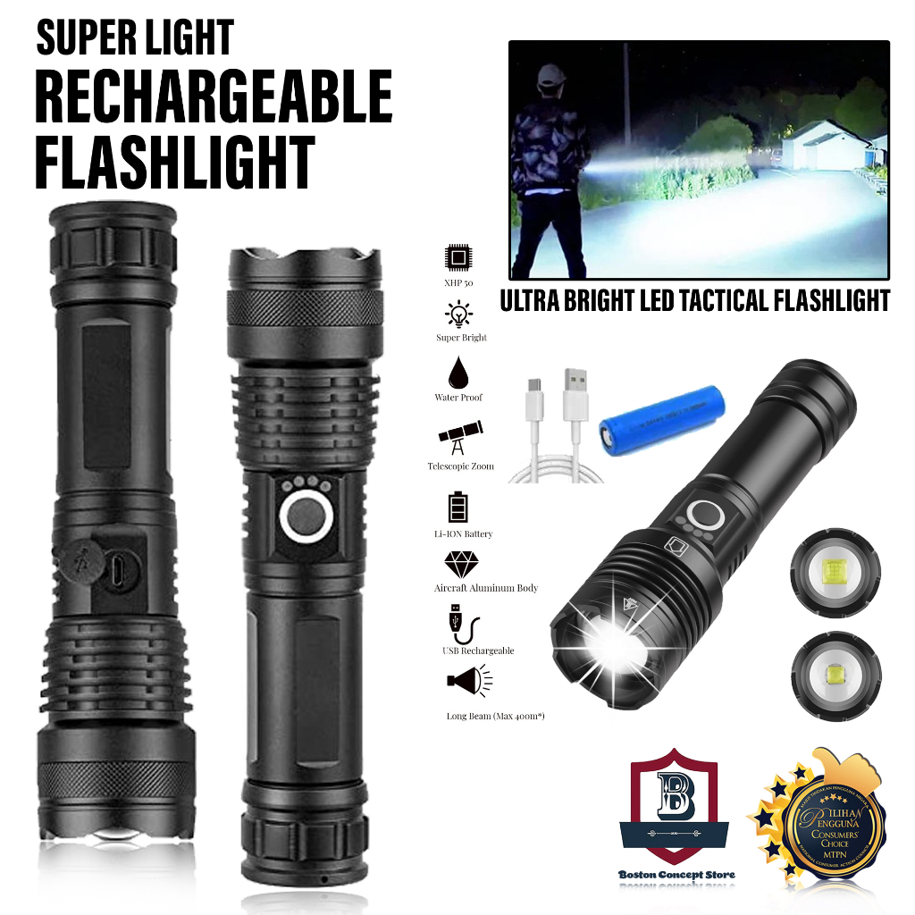 LED Flashlight Zoomable Metal Body USB Rechargeable Super Bright (With ...