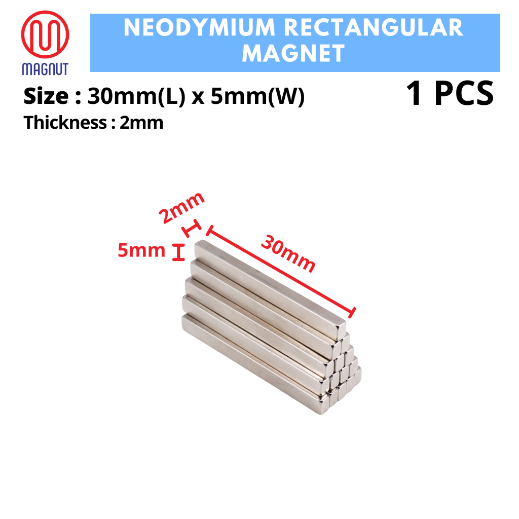 1 pcs - 30mm x 5mm x 2mm Rare Earth Neodymium Rectangular Magnet ...
