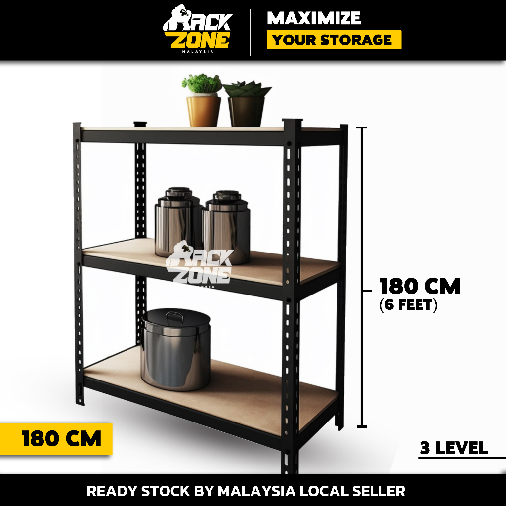 RACKZONE Black 3 Level Rak Boltless Rack Heavy Duty Rak Besi Bertingkat ...