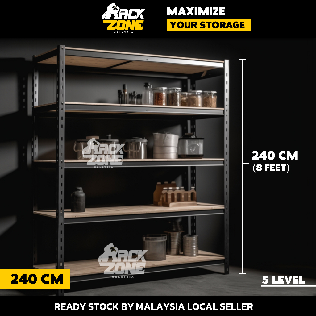 RACKZONE Black 5 Level Rak Besi Bertingkat Boltless Rack Shelf Storage Rack Shelve Rak Heavy