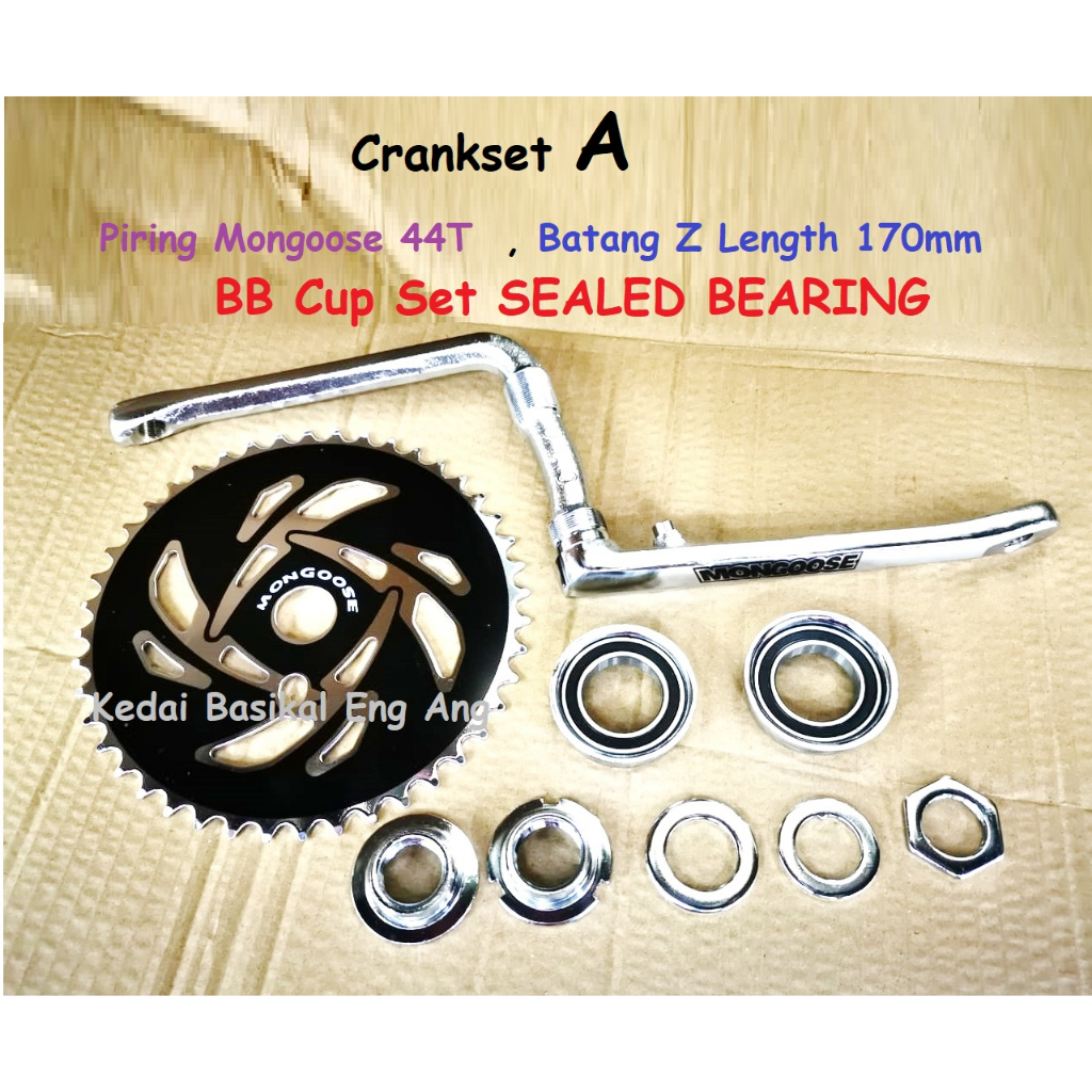 Mongoose Black Metal Crank Set 44T ,Batang Z Chrome , Sealed Bearing for BMX Bike basikal BMX