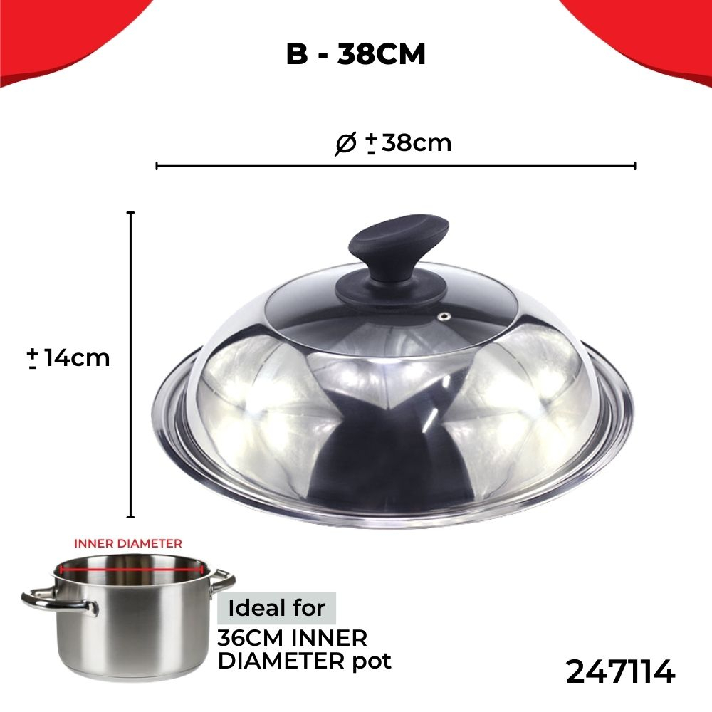 SUPERSAVE 29/32/34/38/42cm Stainless Steel Pot Lid Cover Wok Dome Tempered Glass Pots Lids