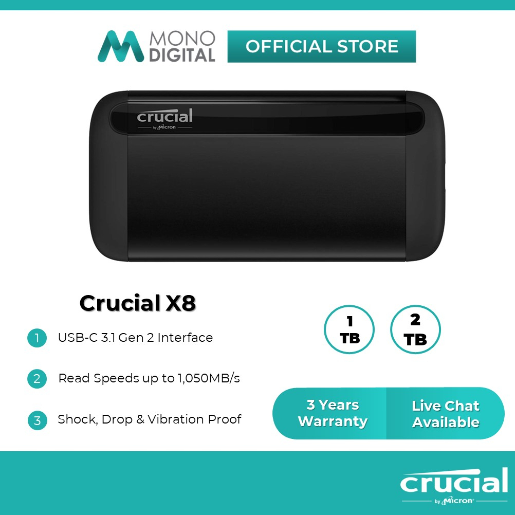 CRUCIAL SSD PORTABLE CRUCIAL X8 - EXTERNE - TYPE C & USB 3.2 (GEN