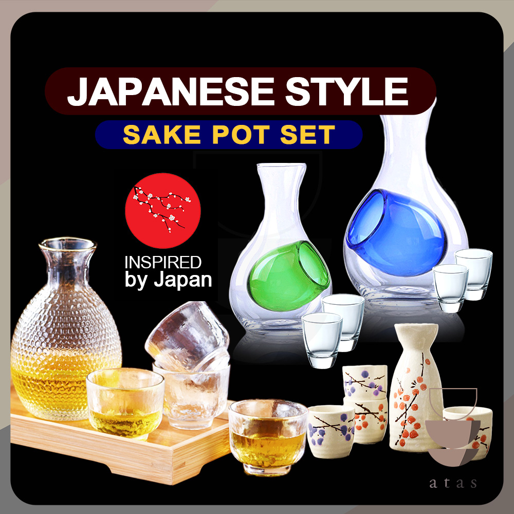 Japanese Plum Porcelain Sake Set - 8.5 Oz Sake Carafe & 4 Cups For Hot/Cold Sake, Made In Japan
