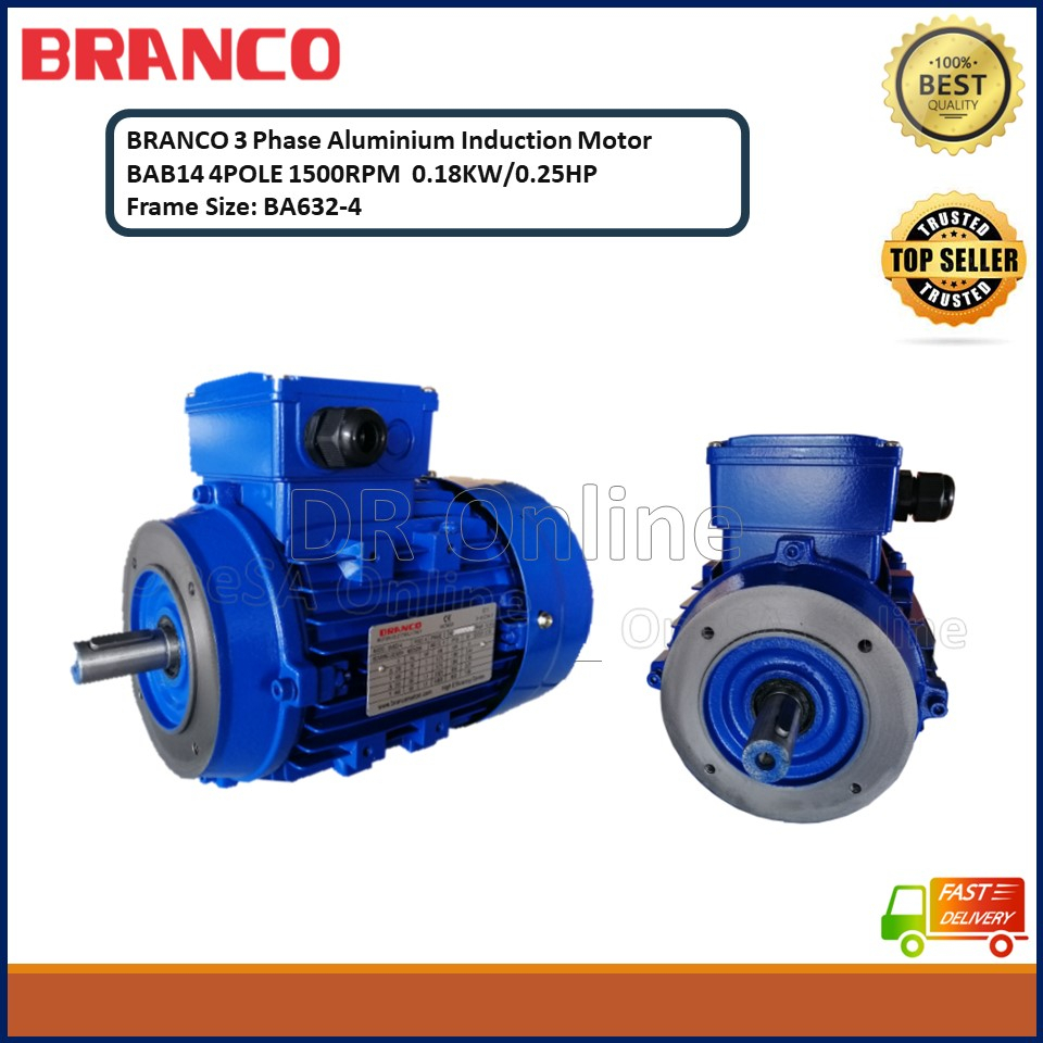BRANCO Aluminium Three Phase 3ph Squirrel Cage Motors 0.18kW 0.25HP 4P