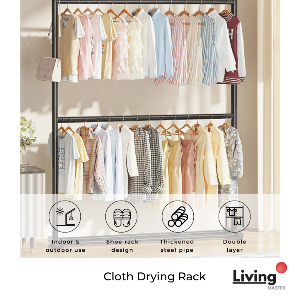 Double Layer Clothes Hanging Rack Coat Hanger Laundry Cloth Drying Rack ...