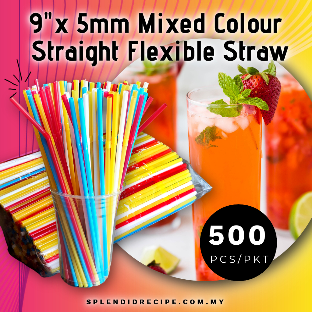 9" x 5mm Mixed Colors Flexible Straw Flat End Disposable Plastic