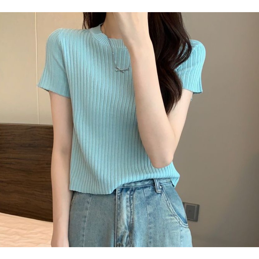 SA51062 -M'SIA Ready Stock Knitted Material Women Top 竖纹短袖织衫短款上衣 ...