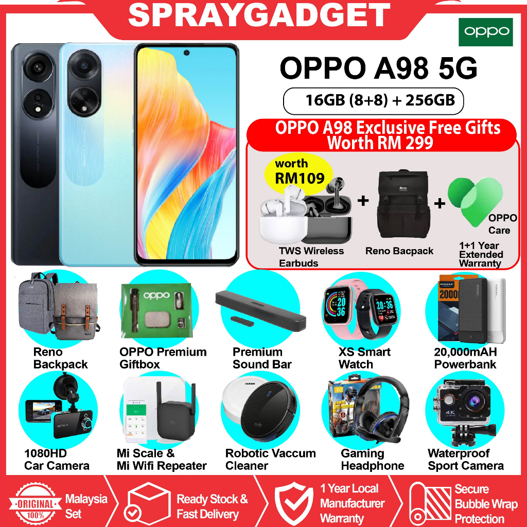Oppo A98 5G (8GB+8GB Extended Ram)+256GB Rom (Original Malaysia Set) With  Premium Gift