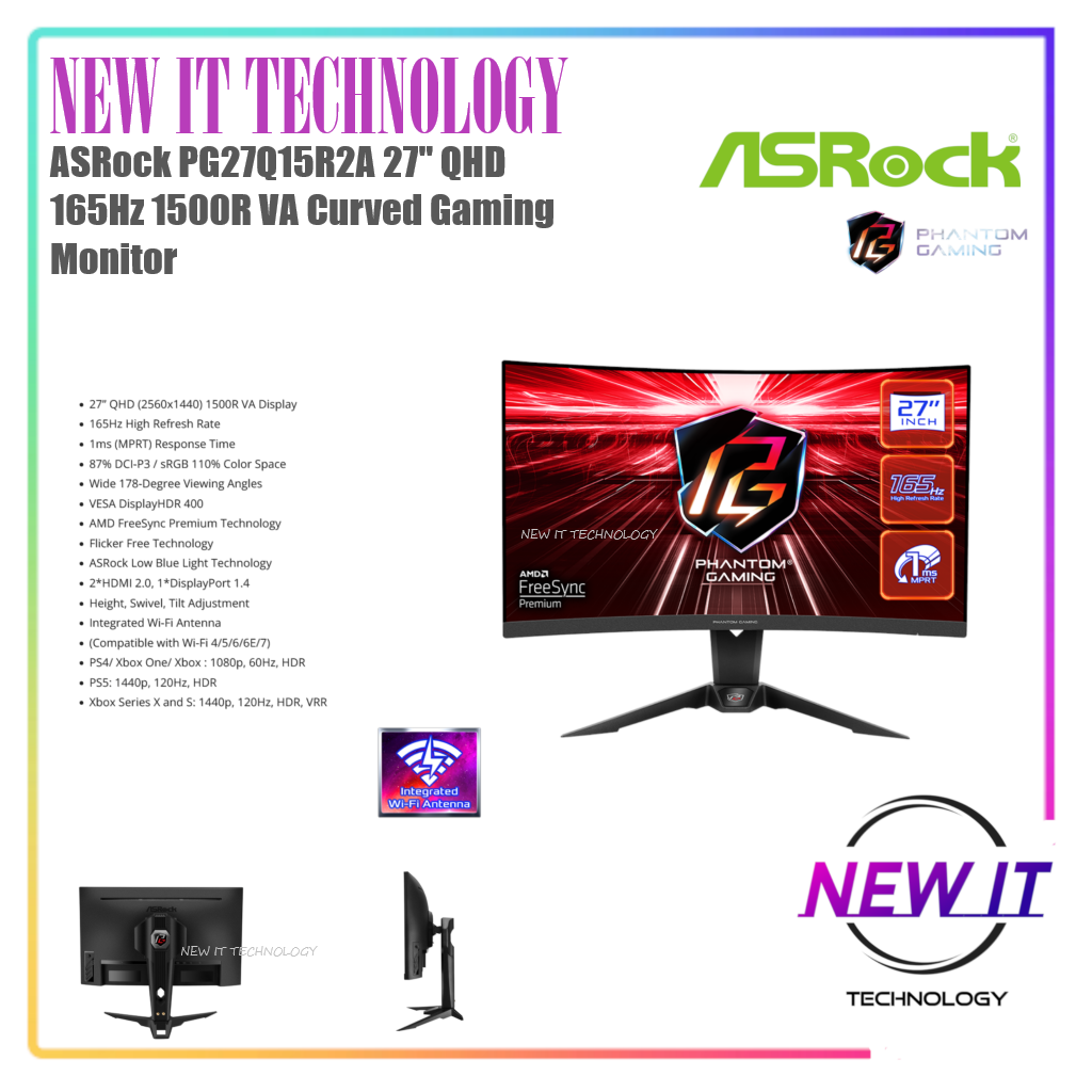ASRock Phantom PG27Q15R2A 27" VA,QHD 2560x1440 2K,165Hz,Wi-Fi Antenna ...