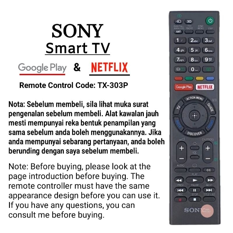 Sony Bravia Smart Flat Panel Led TV Replacement Remote control TX303P