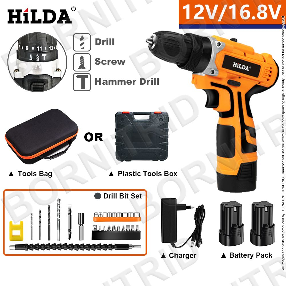 HILDA Electric Drill Cordless Screwdriver Lithium Battery Mini