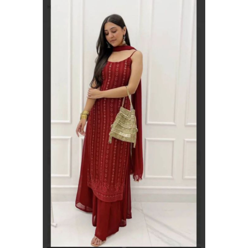 HEAVY FUAX GEORGETTE & DIGITAL PRINT LESS BODER WITH REAL MIRROR HAND WORK PALAZZO DRESS