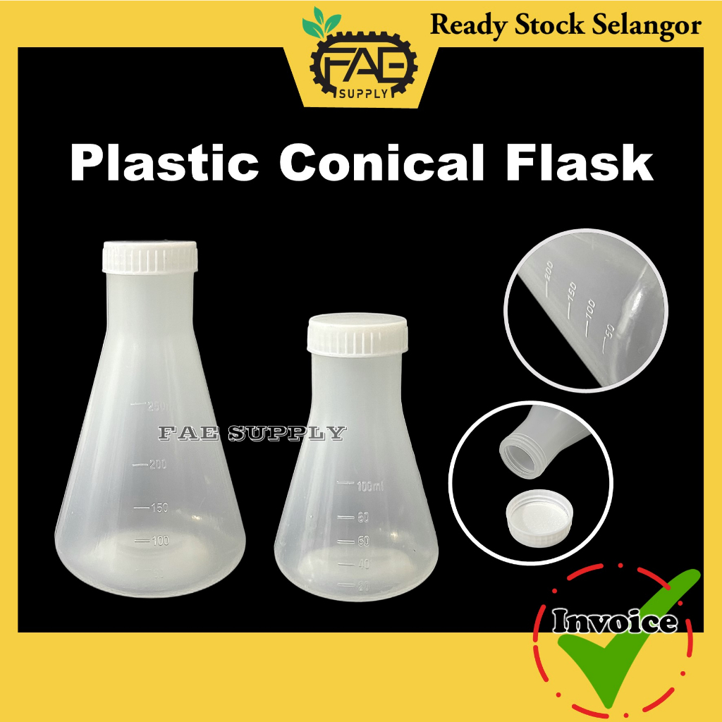 Plastic Conical Flask with Screw Cap 100mL 250mL Conical Bottom Embossed Scale skala timbul
