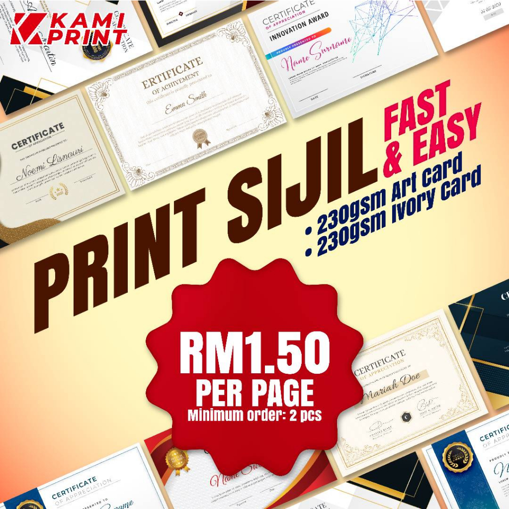 Sijil A4 Print Only Borderless Certificate Ivory Artcard 230gsm Instant ...
