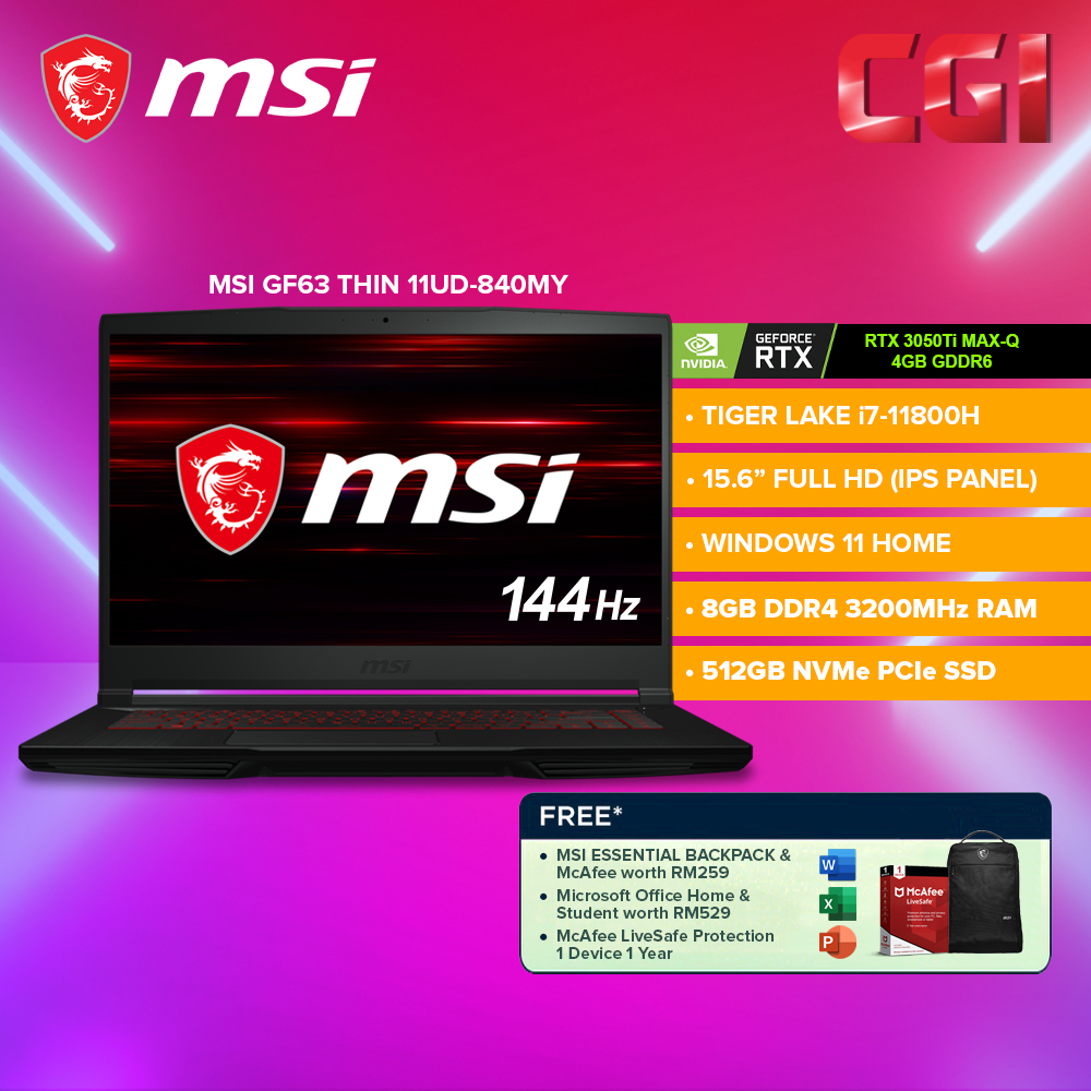 MSI GF63 Thin 11UD-840MY Gaming Laptop i7-11800H|RTX3050TI|15.6"FHD ...