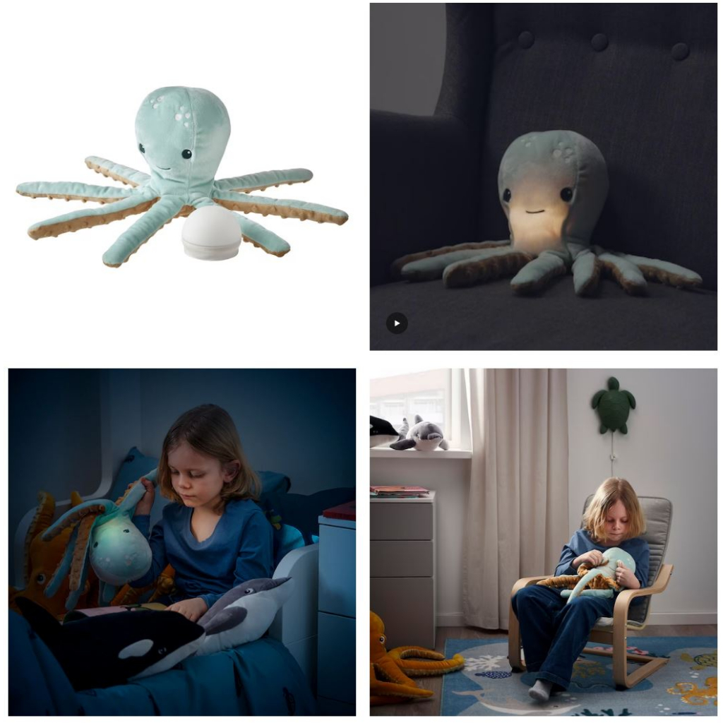 BLÅVINGAD soft toy with LED nightlight, turquoise octopus/battery operated  - IKEA