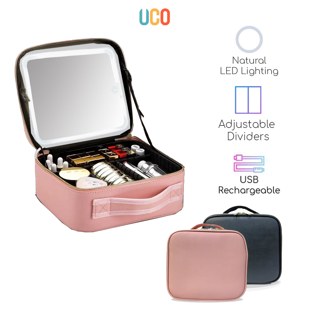 Makeup Bag with Mirror LED Color Lights Mirror Multifunction Cosmetic  Case Adjustable Dividers Makeup Bag Organizer