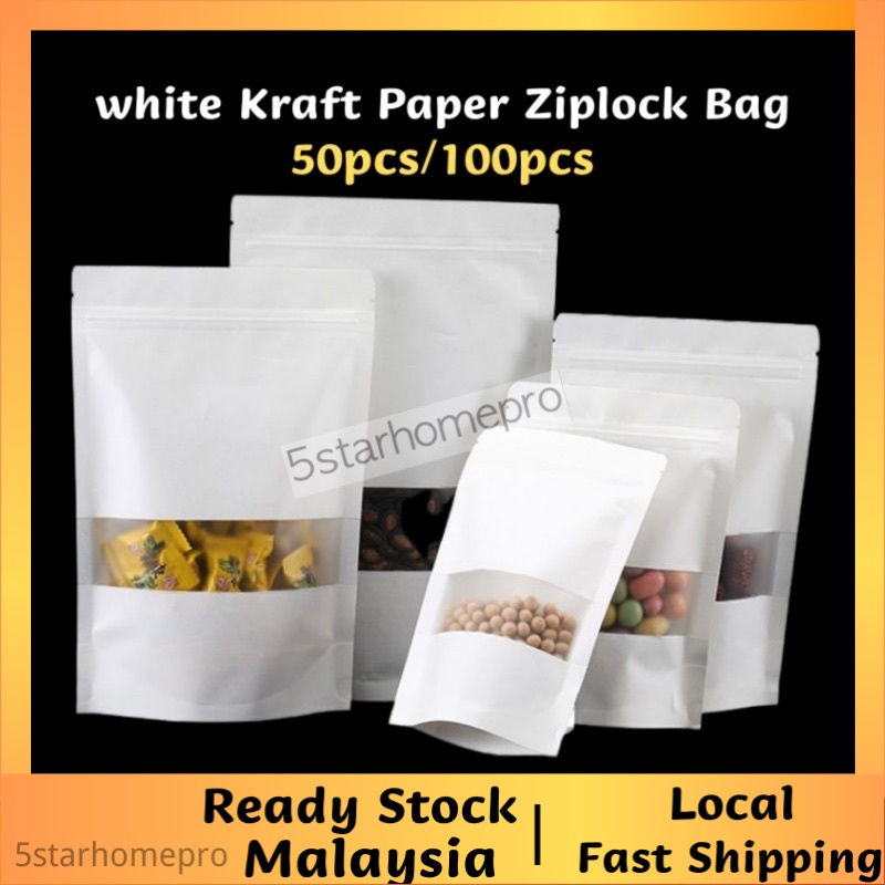 50pcs White Kraft Paper Zip Bag with window/Zipper