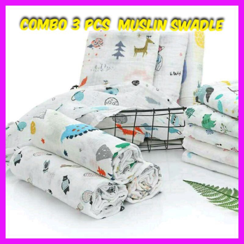 3 Pcs 100% Cotton Baby Swaddle 120cm X 100cm Kain Bedung Bayi Baby ...