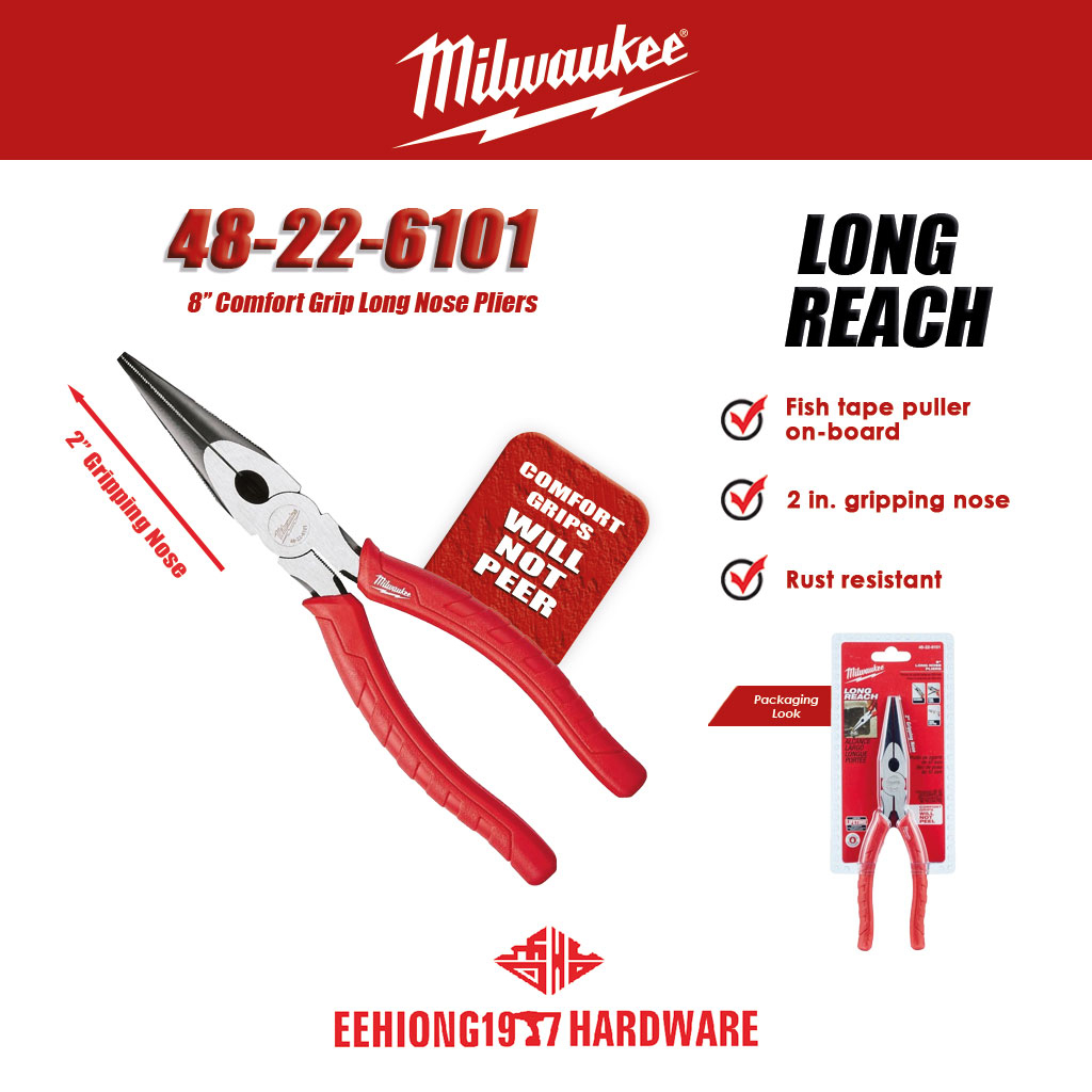 MILWAUKEE 48226101 8'' Comfort Grip Long Nose Pliers Long Reach