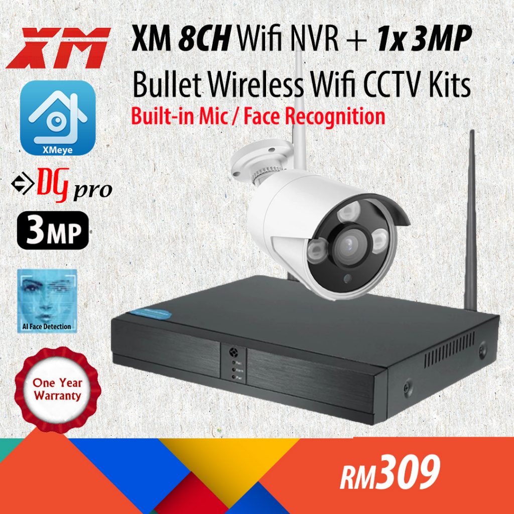 XMeye DGpro Wireless Wifi CCTV Kit c/w 8CH Wireless NVR + 3MP 1296p
