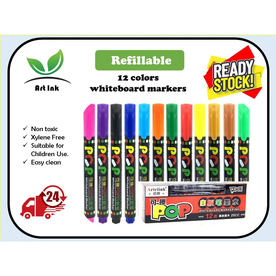 [Ready Stock] Whiteboard Marker Pen Marker 12 colors and Ink Refill
