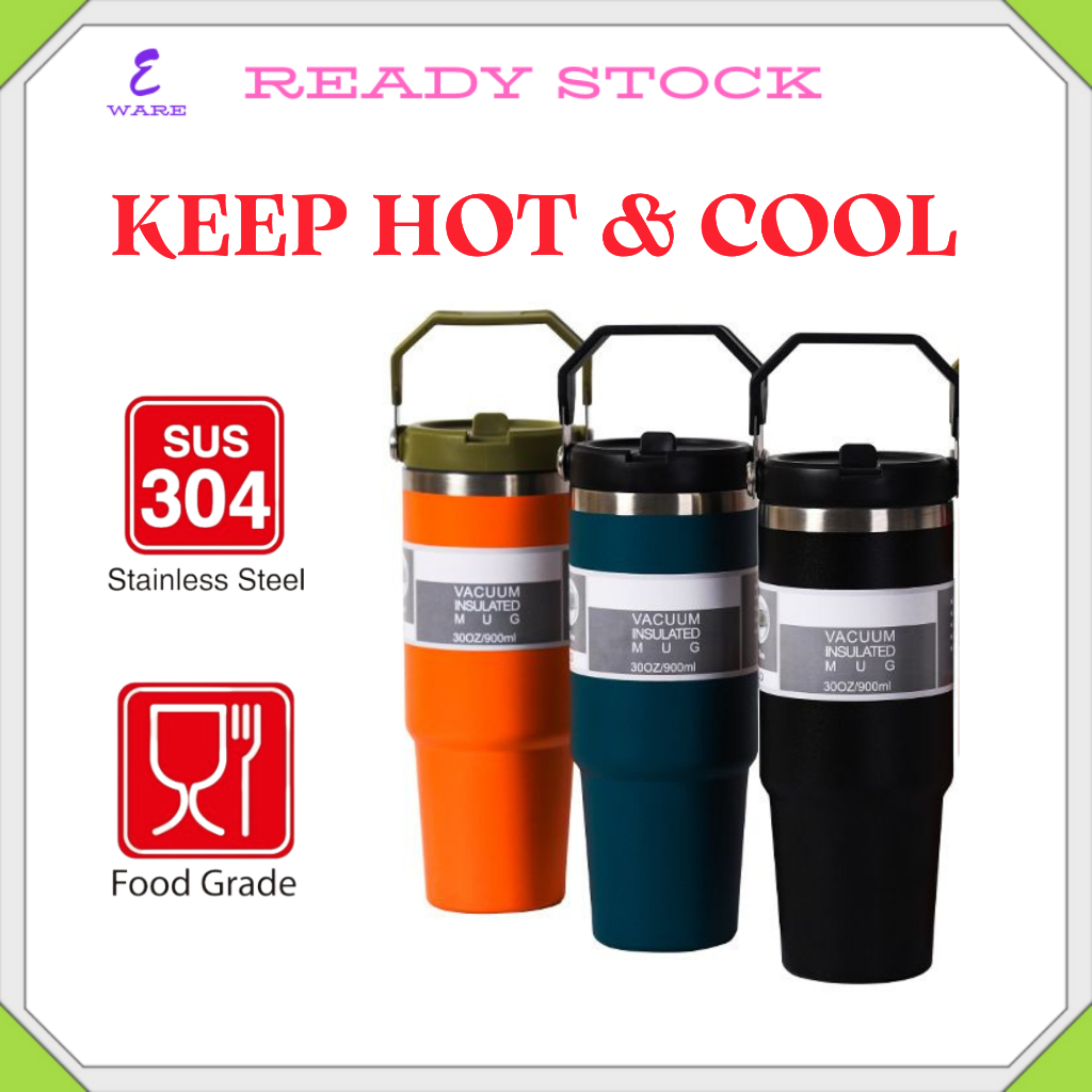 30oz Portable Thermos Cup with Straw Stainless Steel Vacuum Insulated ...