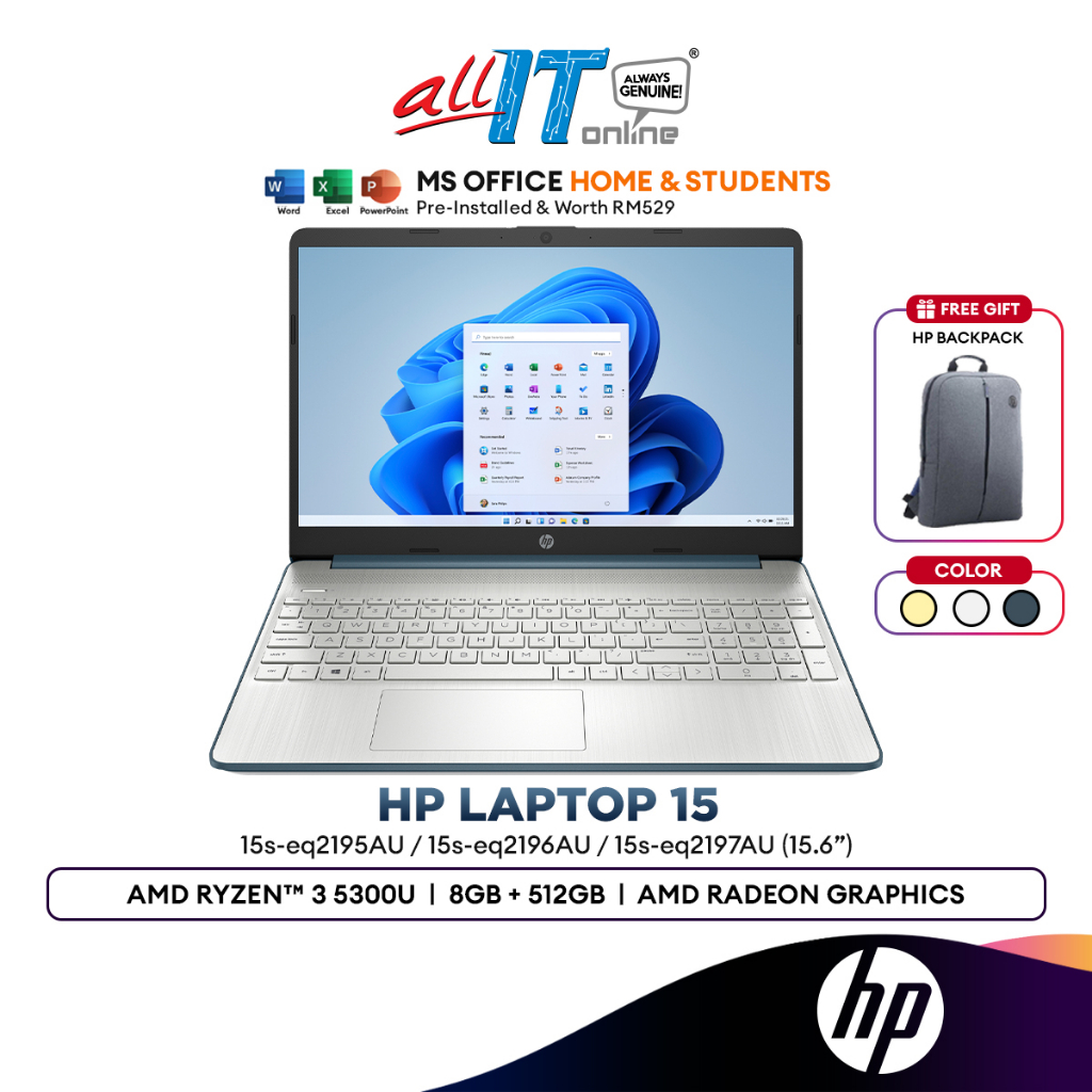 Hp Laptop 15s Eq2195aueq2196aueq2197au 156 Laptop Amd Ryzen 3 5300u 8gb 512gb Ssd Amd 9896