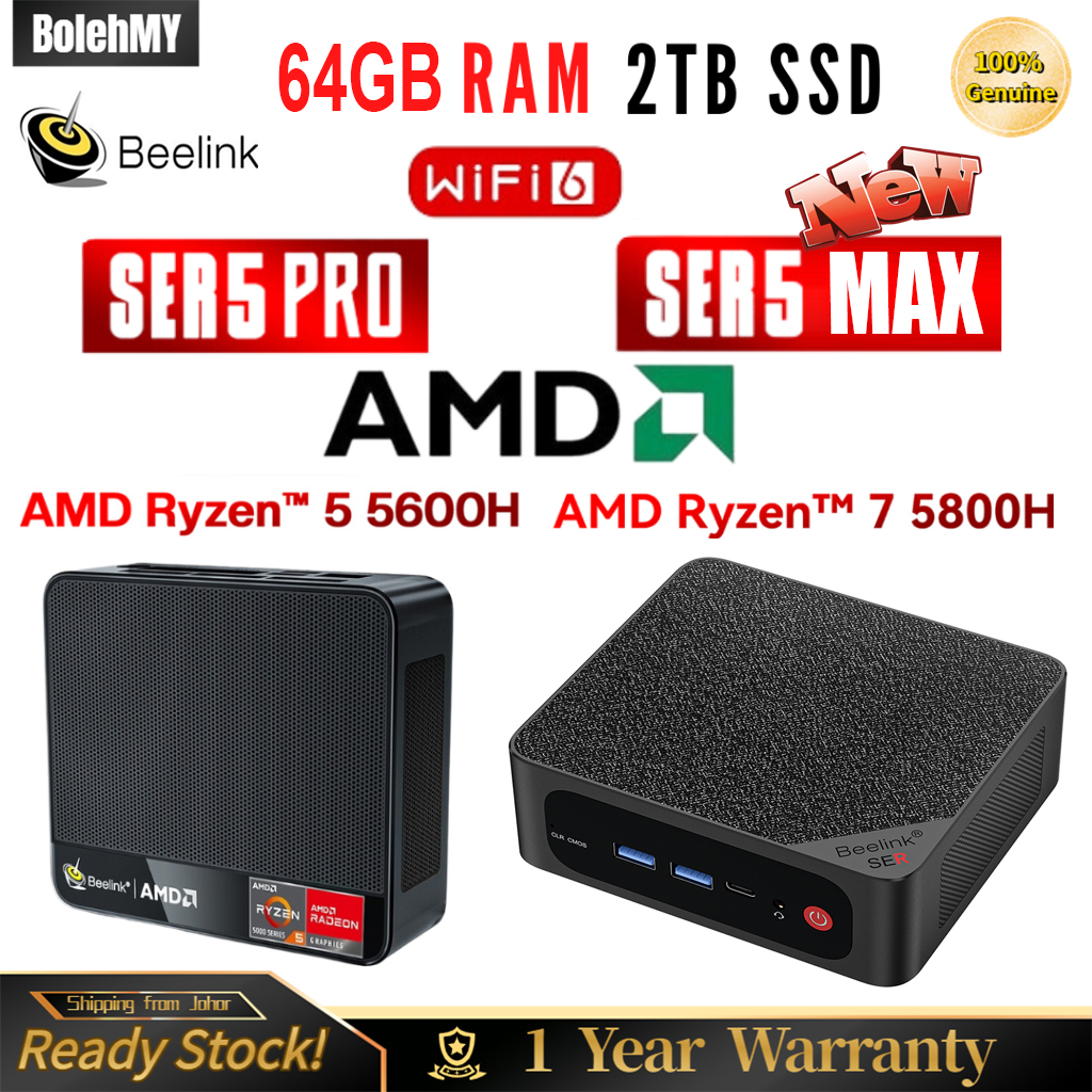 Beelink SER5 MAX Mini PC - Ryzen 7 6800H, 32 Go RAM, 500 Go SSD, Windows 11 Pro, Wi-Fi 6, 4K