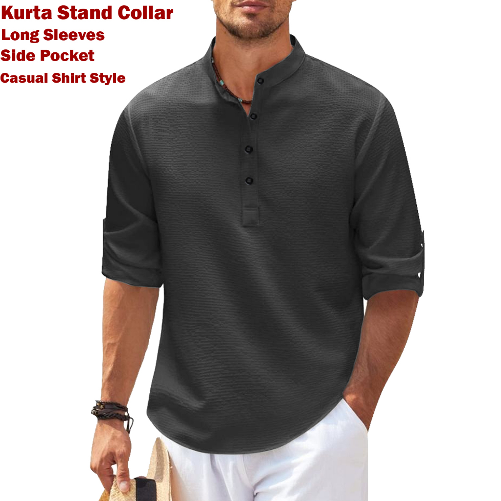 Men Kurta Shirt Casual Smart Kurta Long Sleeve Side Pocket Formal Raya ...