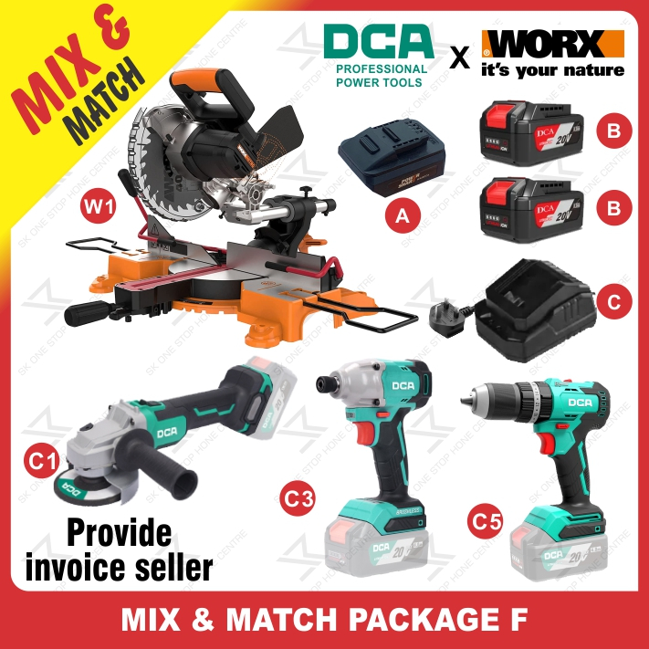 DCA MIX MATCH WORX 20V CORDLESS MITRE SAW BRUSHLESS GRINDER