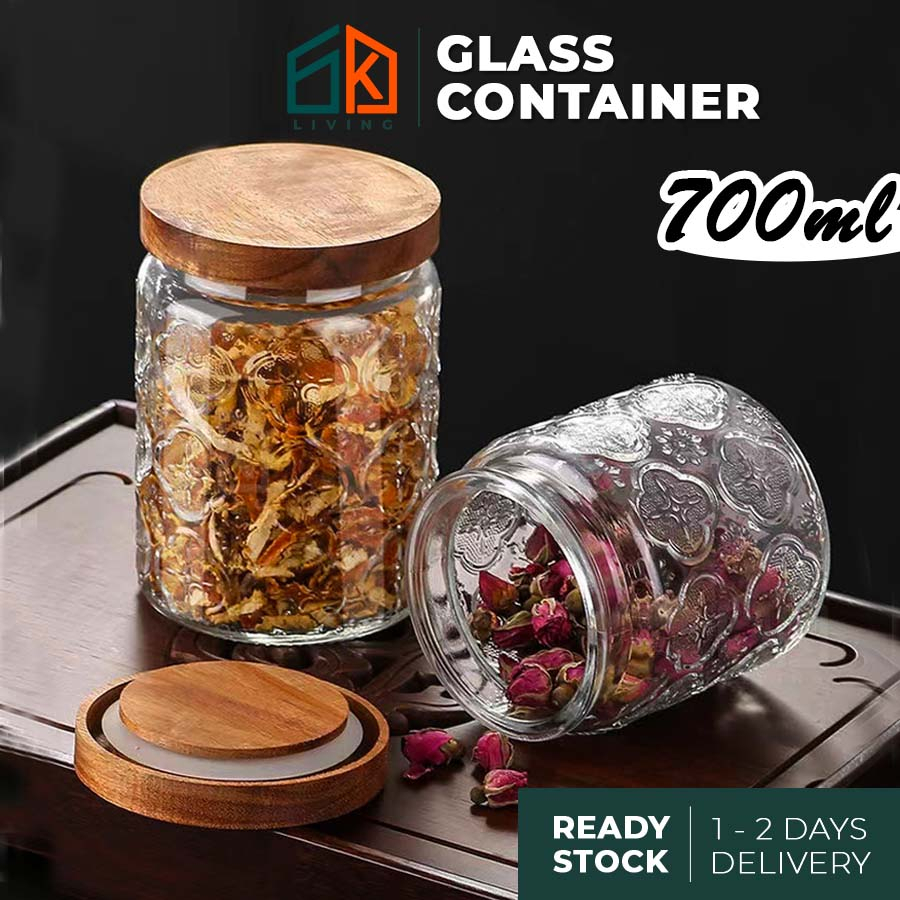 Vintage Glass Cookies Jar with Seal Wooden Lid Balang Bekas Biskut Gelas Penutup Rapat Kuih Raya
