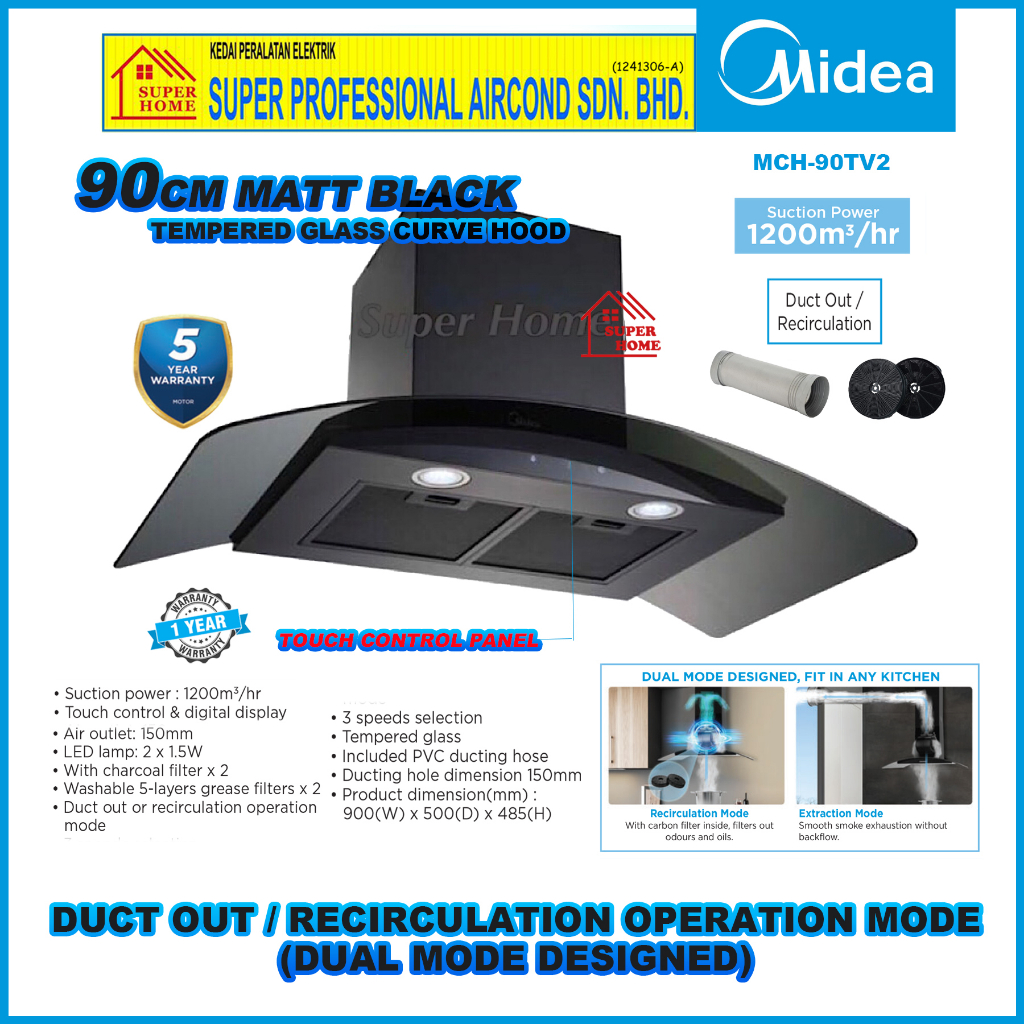 Midea Chimney Hood MCH90TV2 Curve Designer Cooker Hood Touch Control & Digital Display(Exhaust