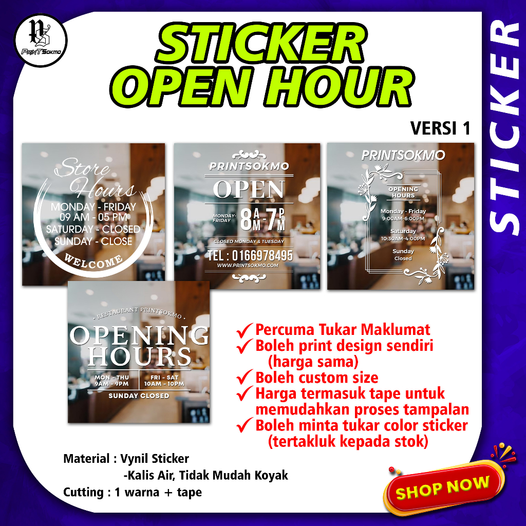 Sticker Signage Open Hour Custom Made for Glass / Window Decal / Shop ...