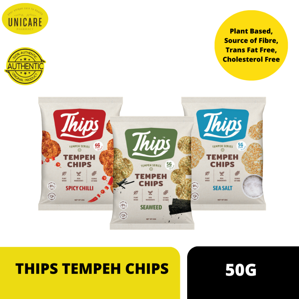 THIPS TEMPEH CHIPS 50G (SPICY CHILLI/SEA SALT/SEAWEED). Plant Based
