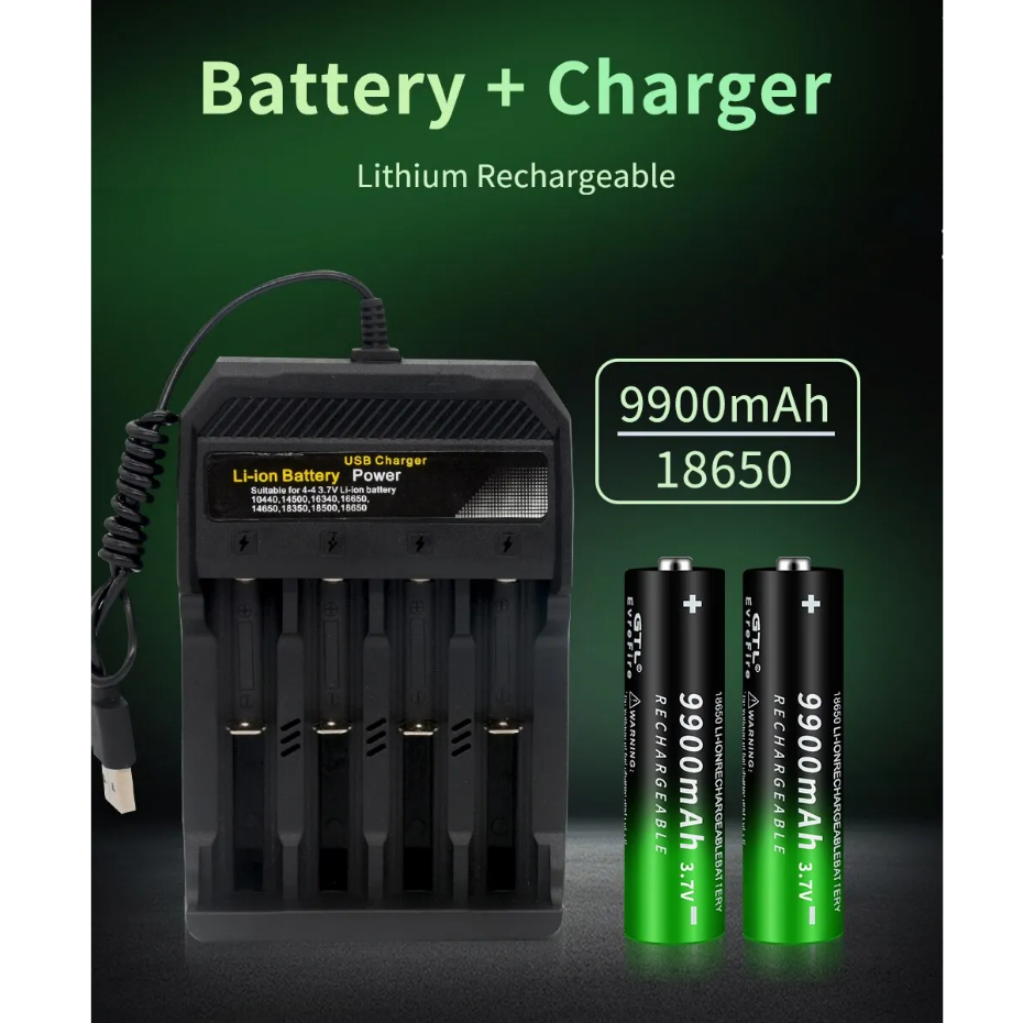 New 18650 Battery 3.7V 9900MAh Li-ion Rechargeable Battery with 4 slot ...