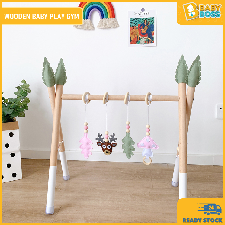 BabyBoss Wooden Baby Play Gym for Baby Gym with 4 Hanging Sensory Toys