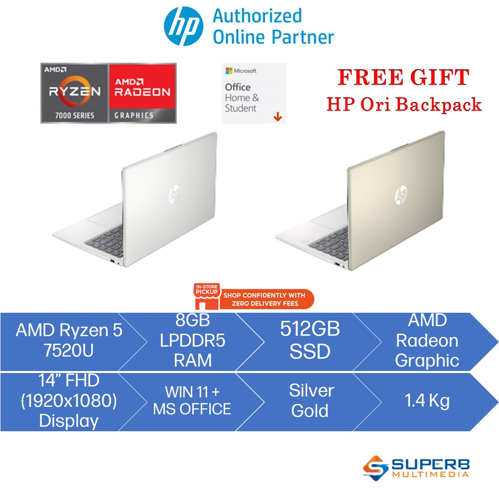 HP Laptop 14-em0043au silver or 14-em0044au gold (AMD R5 7520U, 8gb ram