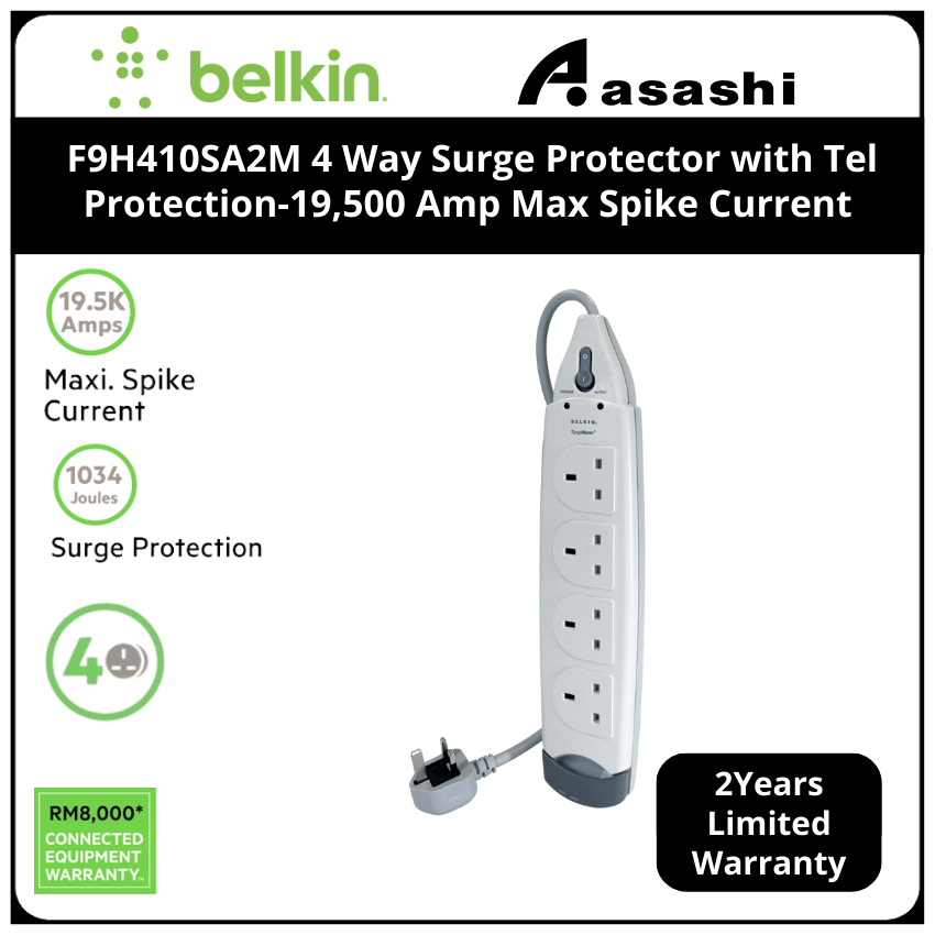 Belkin F9H410SA2M 4 Way Surge Protector with Tel Protection19,500 Amp